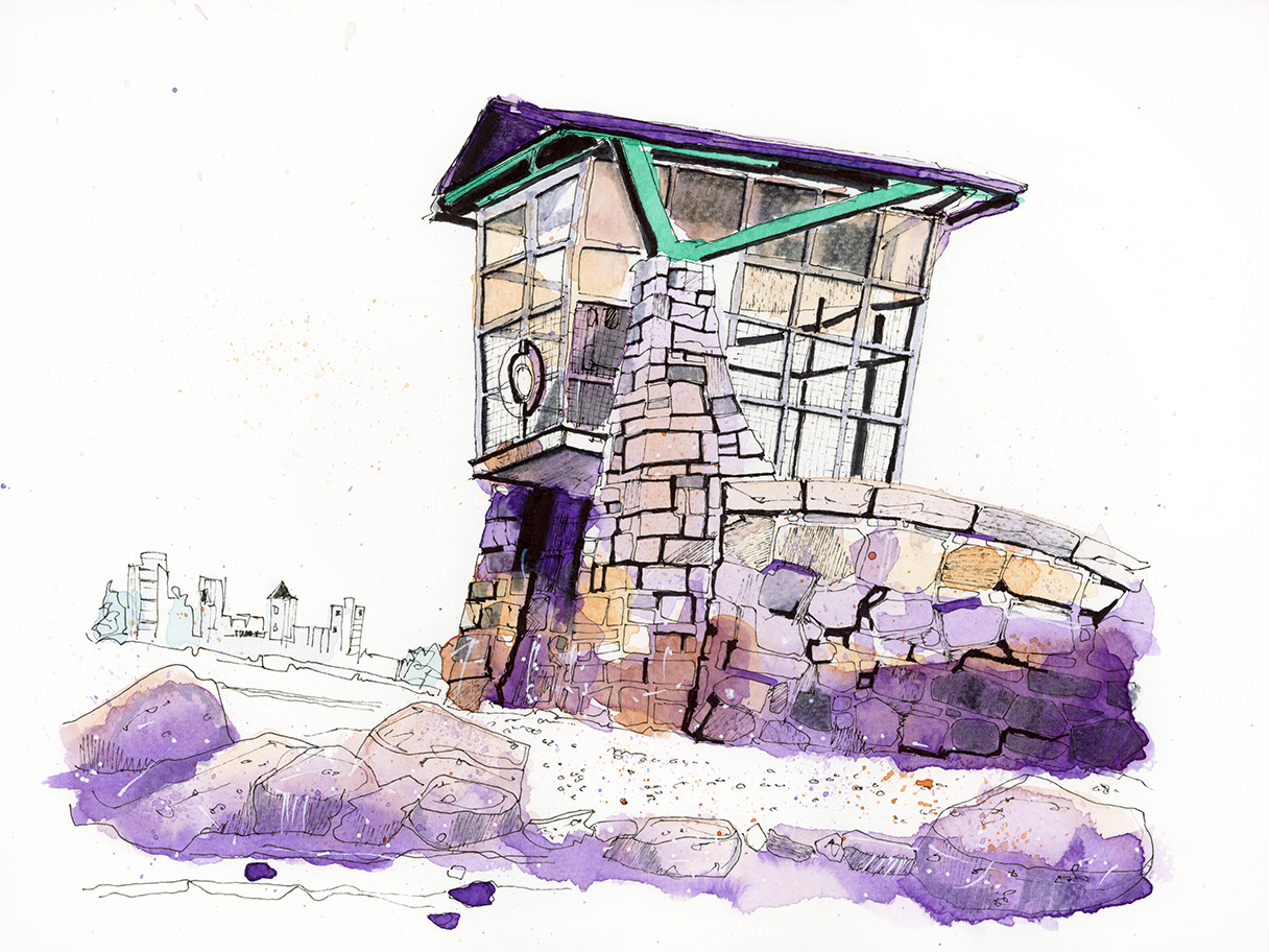 Watercolour and ink painting of the Lions Gate Bridge in Stanley Park, Vancouver