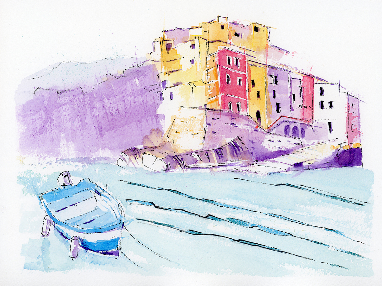 A colourful coastal watercolour and ink painting of a small boat approaching a hillside village by the sea.