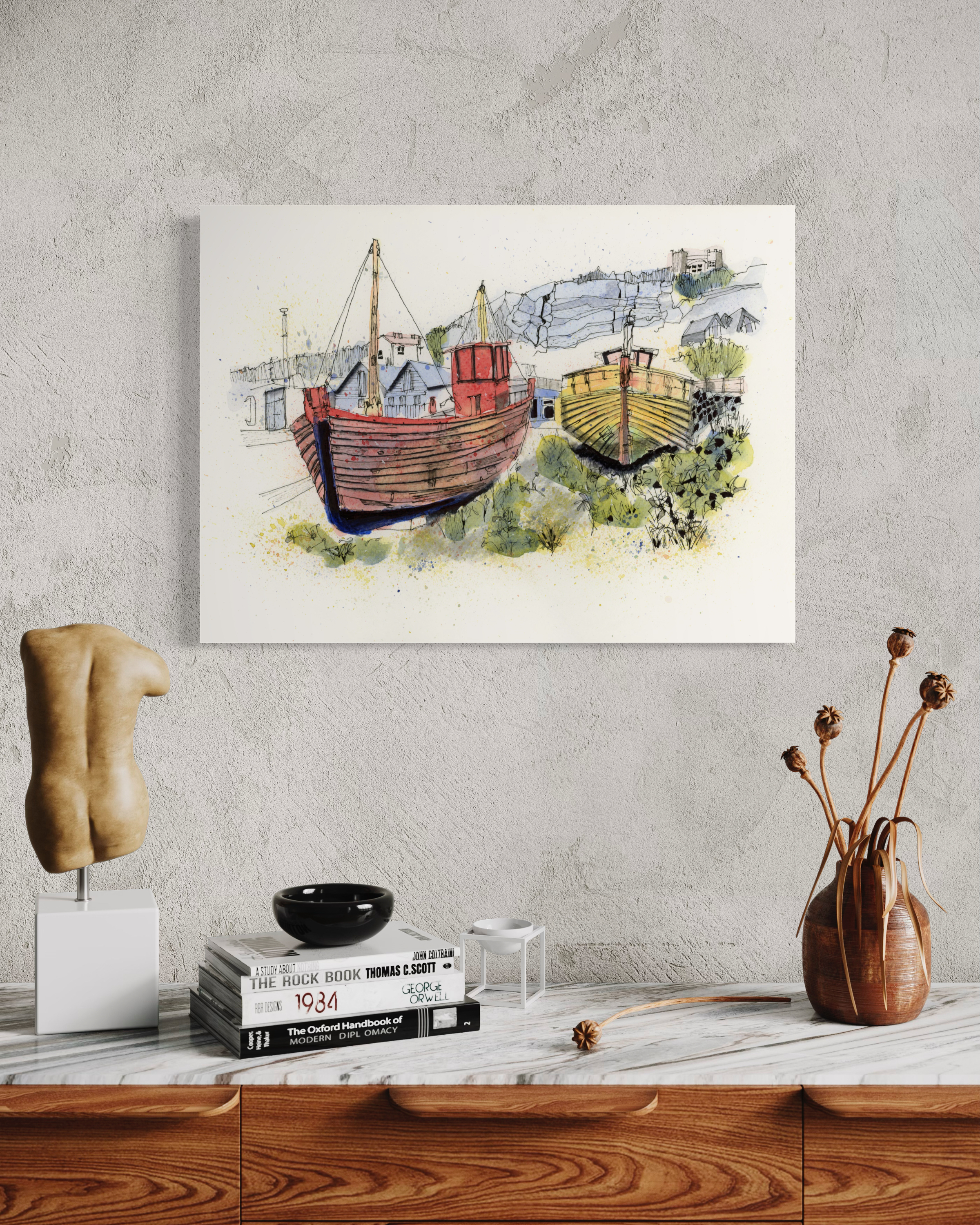 Anchored in Company - contemporary watercolour and ink painting of weathered boats in a serene harbor, symbolizing resilience, relationships, and tranquility.