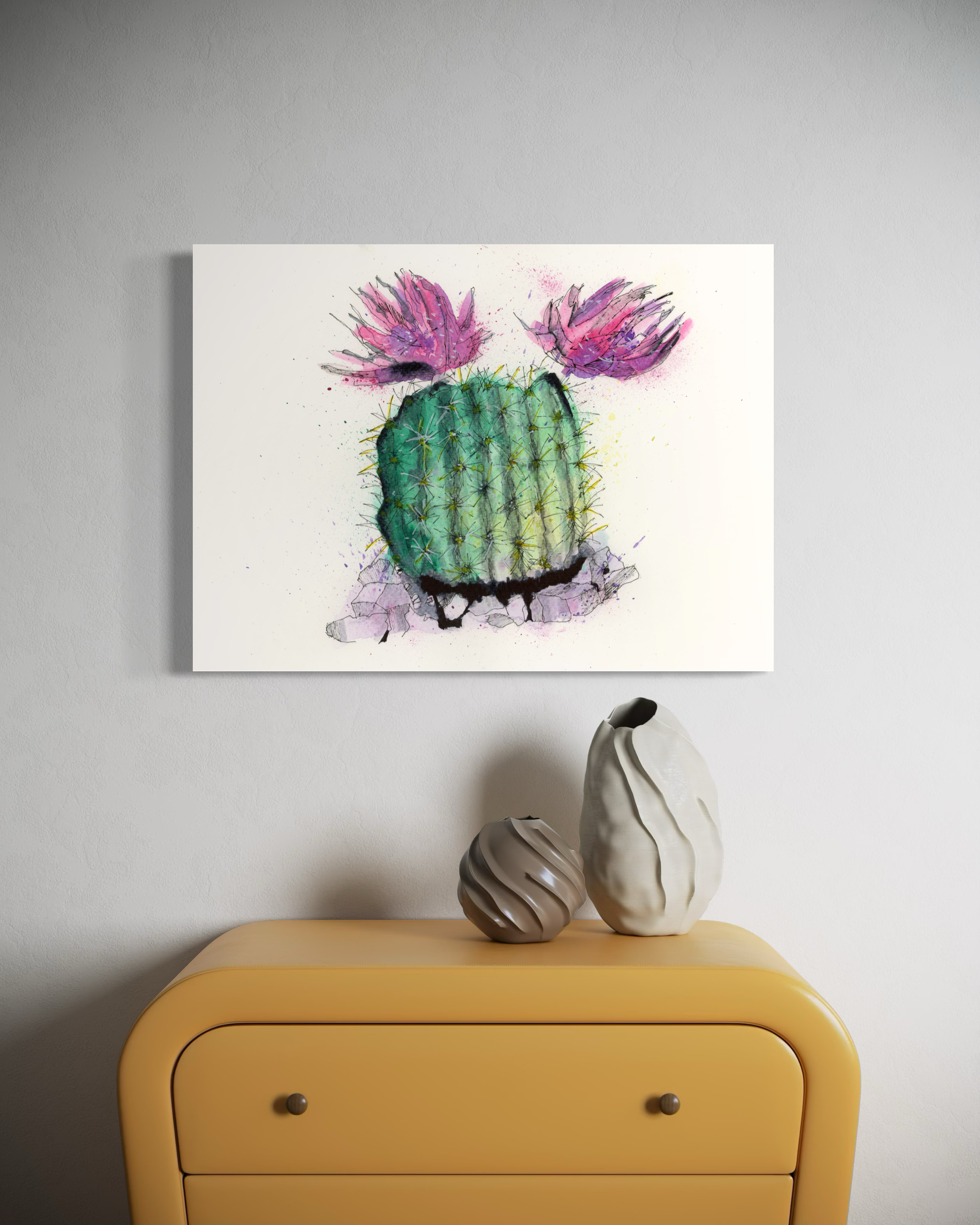 Blooming Resilience - contemporary watercolour and ink painting of a vibrant cactus in bloom, symbolizing quiet strength, resilience, and natural beauty.