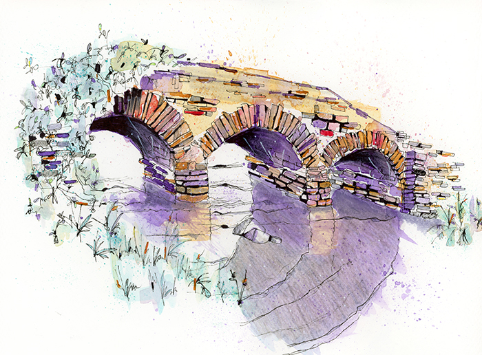 Silent Crossing - contemporary watercolour and ink painting of a textured, stone bridge over a calm river, symbolizing growth, reflection and resilience.