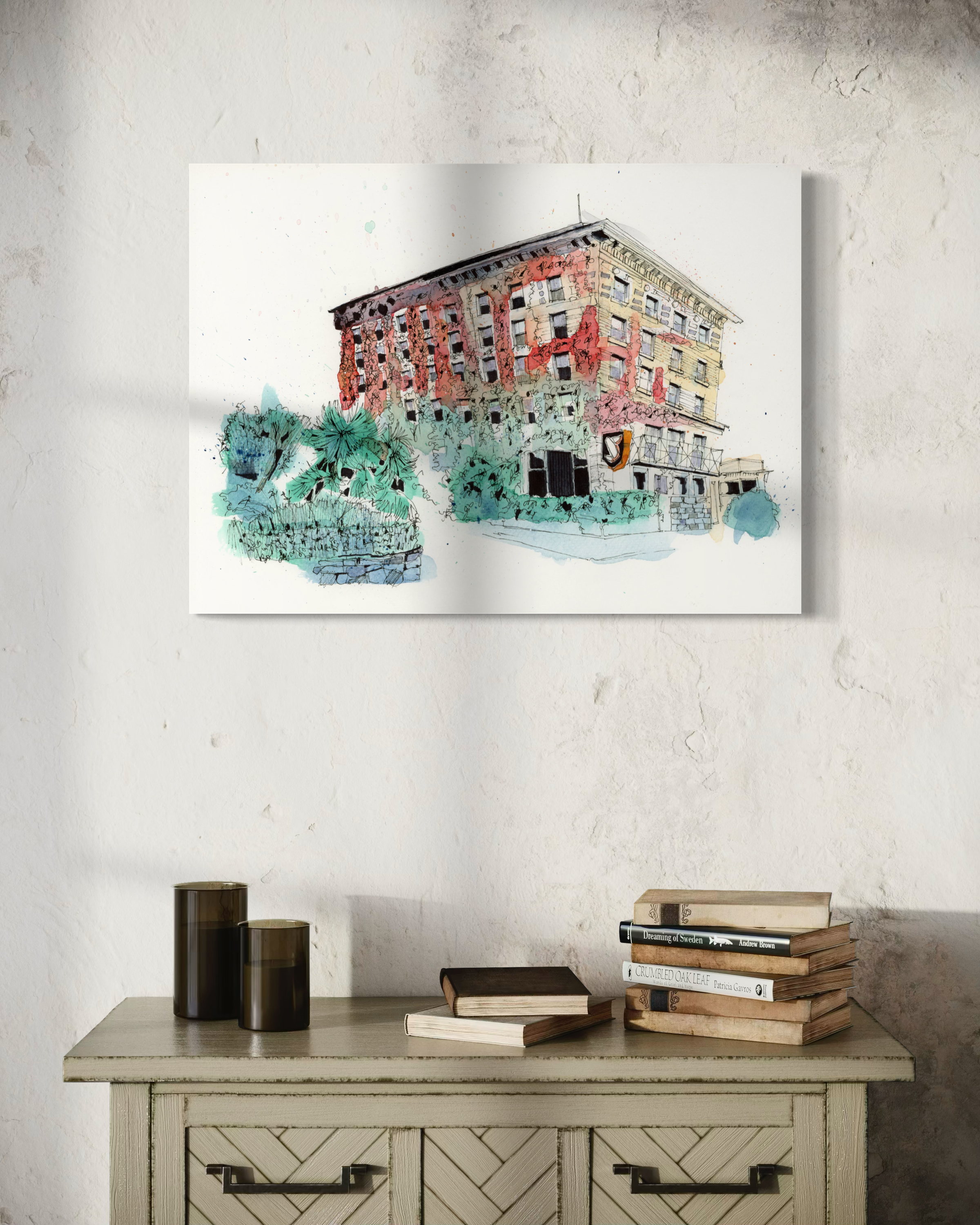 Stories in Red Brick - contemporary art featuring a watercolour and ink painting of the historic Sylvia Hotel in Vancouver, showcasing vintage charm and red brick architecture.