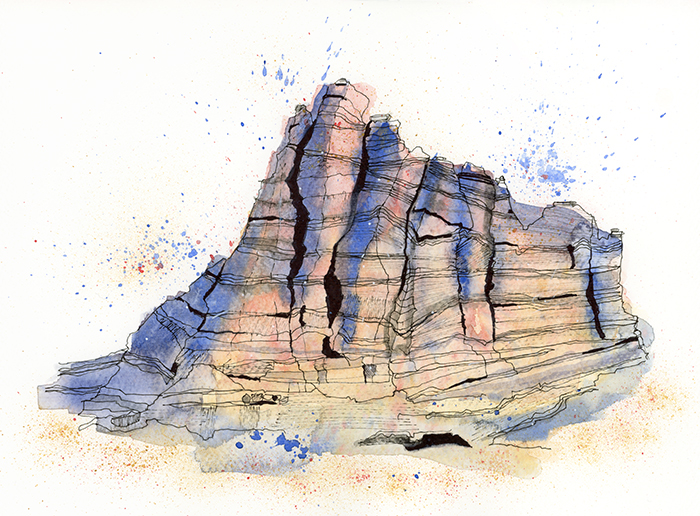 Wisdom in Layers - contemporary watercolour and ink painting of a textured, layered rock formation, symbolizing resilience, strength through time, and self-discovery.