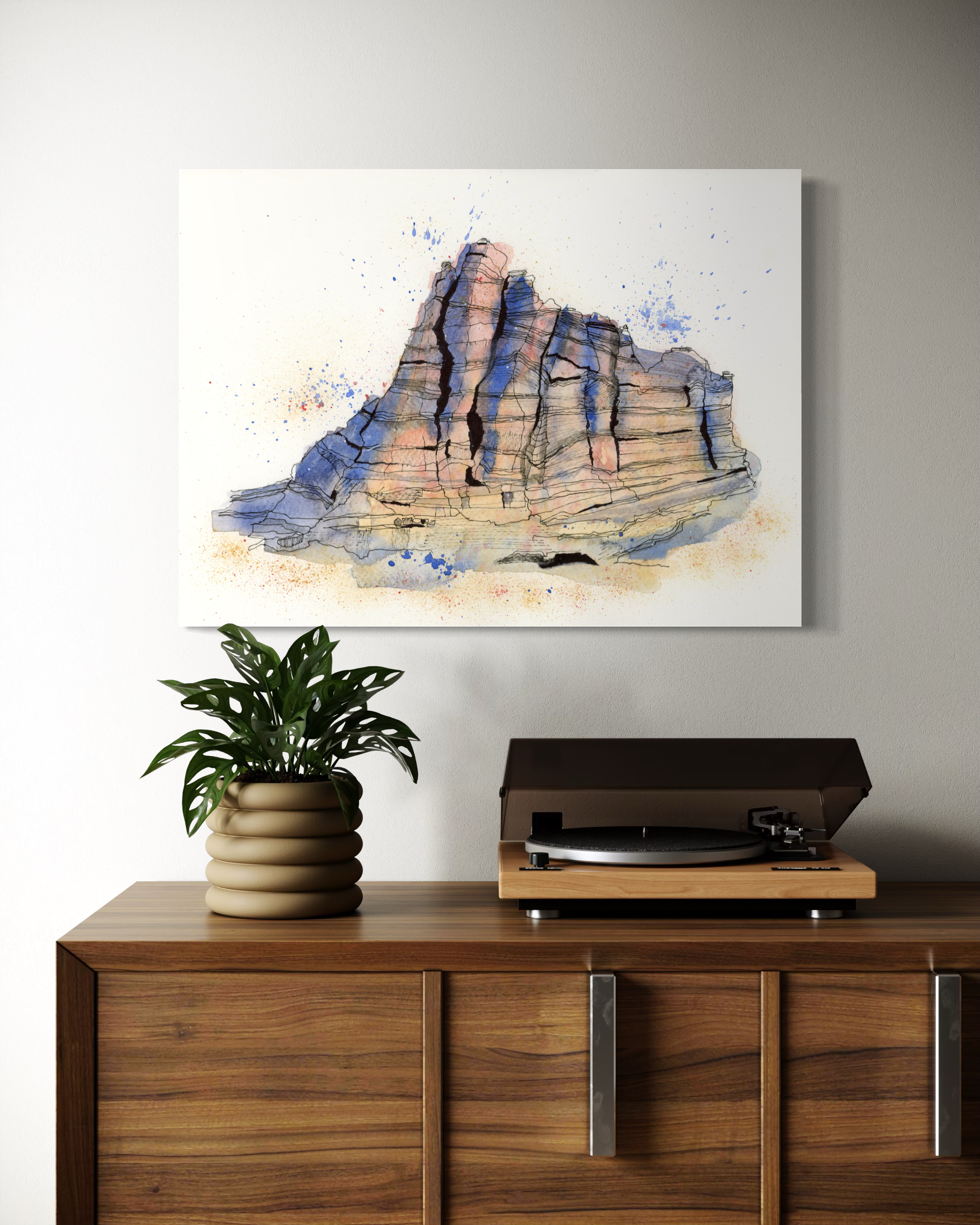 Wisdom in Layers - contemporary watercolour and ink painting of a textured, layered rock formation, symbolizing resilience, strength through time, and self-discovery.